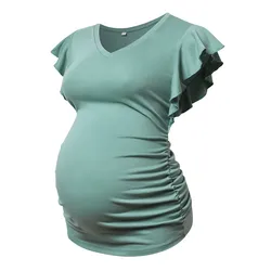 Camiseta de maternidad de verano para mujeres embarazadas, camisetas suaves, camisetas fruncidas laterales de manga voladora, ropa premama bonita para embarazadas juvenil 2022