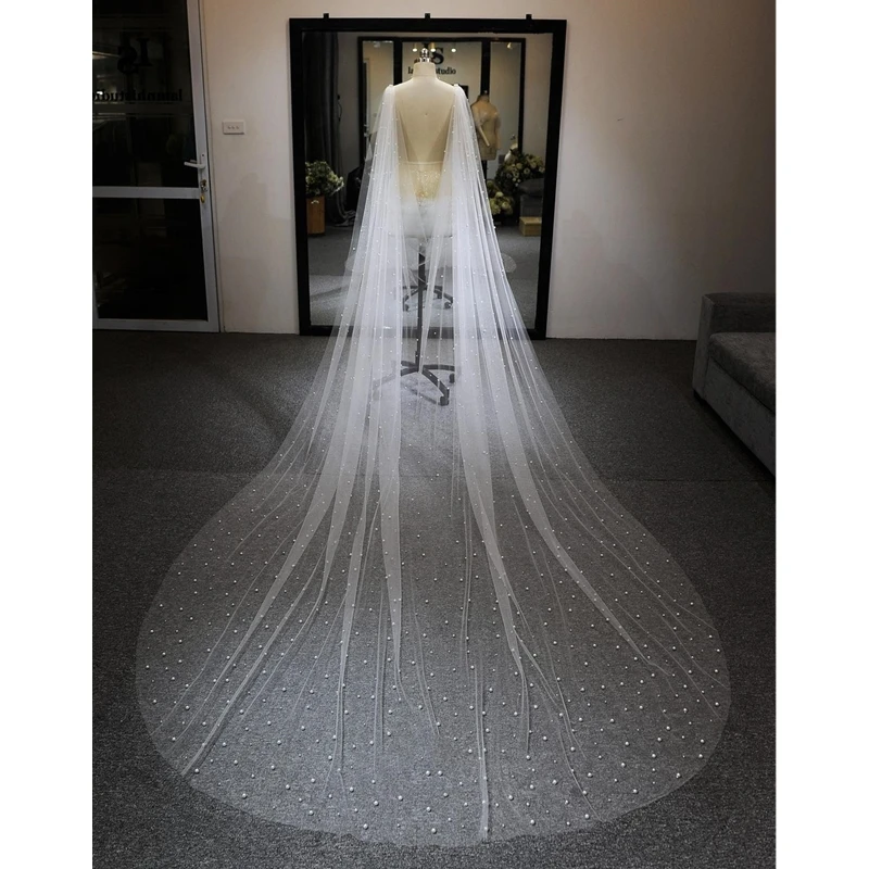 Parels Bridal Cape Schouder Sluier Kathedraal Lange Parel Tulle Wedding Shrugs Bolero Kathedraal Sparkly Voor Bruiden Accessoires Nieuwe