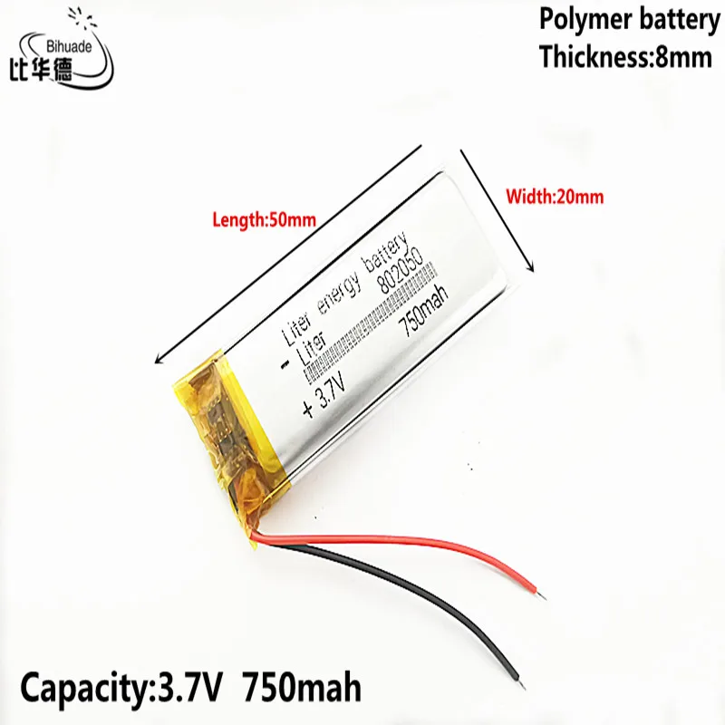 คุณภาพดี 3.7V 750mAh 802050 แบตเตอรี่ลิเธียมโพลิเมอร์Li-Po Li ionแบตเตอรี่เซลล์สำหรับMp3 MP4 MP5 GPSบลูทูธ