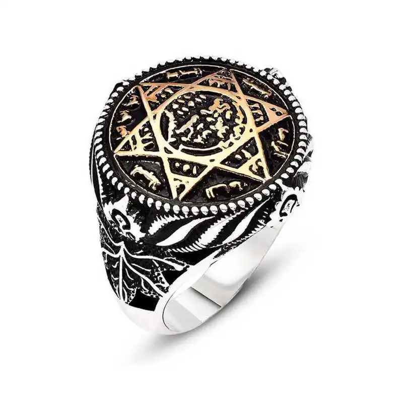 Silver Prophet Solomon's Seal Men's Ring - 925 Sterling Men's Jewelry Wedding Birthday Gift - Box - - Male - Fashion - Botiva - Size - Turkish - Patterned Embroidery