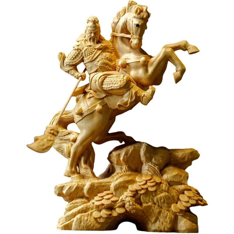 

XS001-14X9X5 CM Hand Carved Boxwood Carving Figurine Home Decor - Guan Gong Warrior