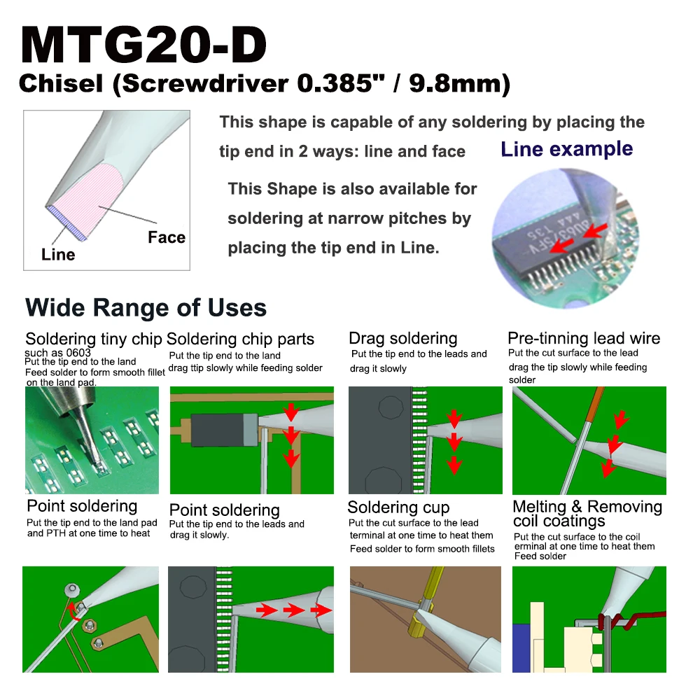 MTG20-D Soldering Tips Chisel Replace Fit WELLER WLC200 SP80NUS SP80NUK LED Station Iron Nozzle Welding Bit Pencil Handle