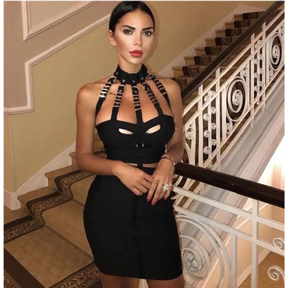 

Free Shipping Summer Style Sexy Hollow Out Button Black Bandage Dress 2021 Designer Fashion Party Club Dress Vestido