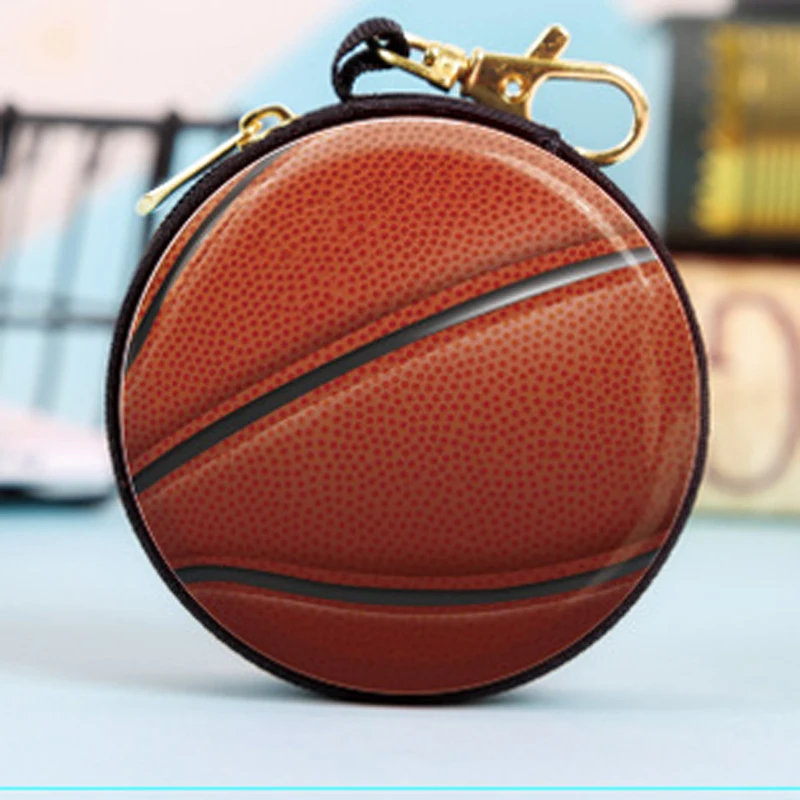 Tin Coin Purse Basketball Football Pattern Men Round Earphone Box Mini Zipper Wallet Key Case Small Gifts for Children Coin Bag