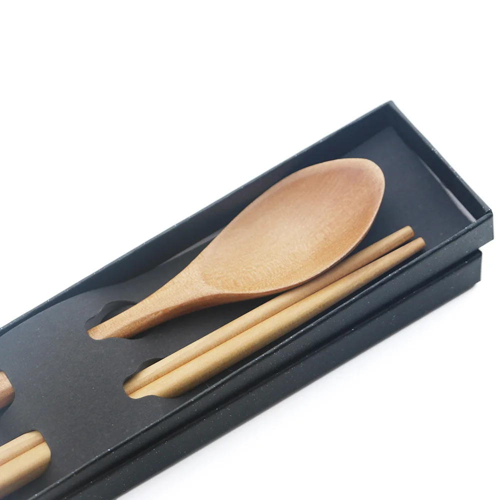 6People Natural Wooden Korean Spoon Long Handle Spoon Chopsticks Handmade Spoon Chopsticks Cutlery Tableware Tree Dinnerware Set