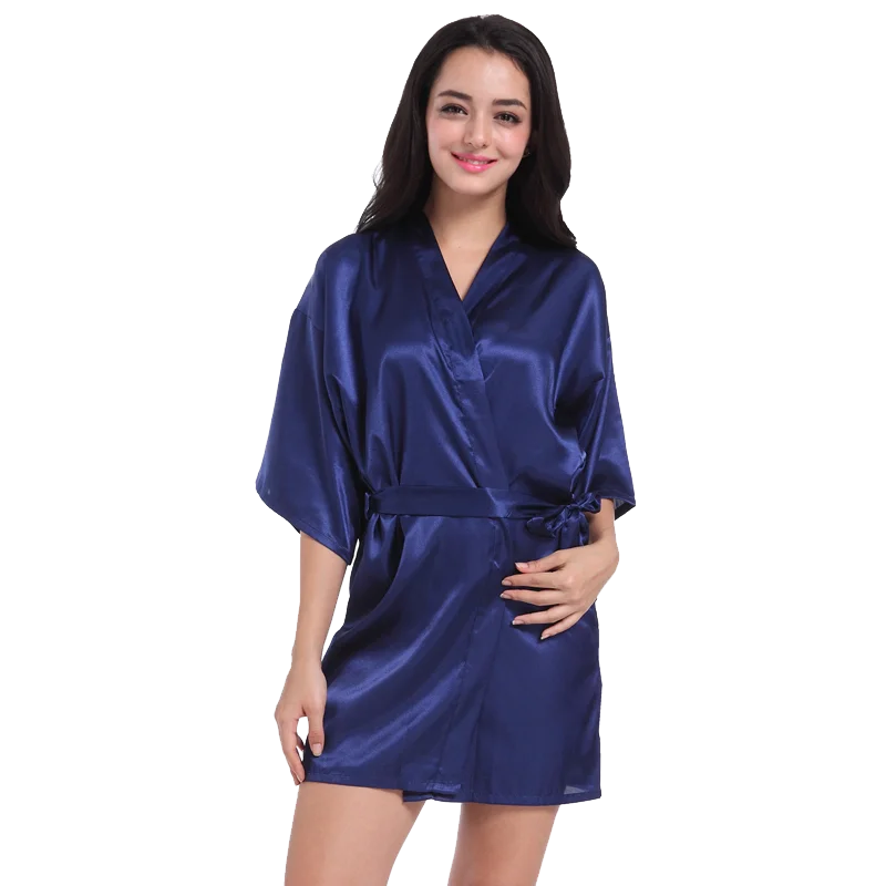 New Silk Kimono Robe Bathrobe Women Silk Bridesmaid Robes Sexy Navy Blue Robes Satin Robe Ladies Dressing Gowns