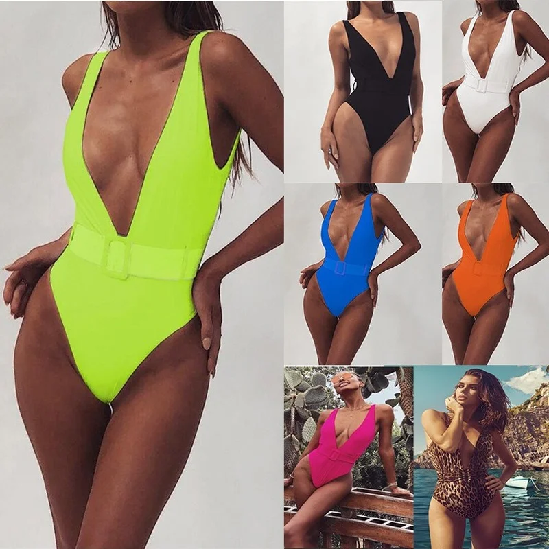 

White Women's One-Piece Swimsuit European Leopard Belt Buckle Integrated Bikini Swimwear Polyester Sexy Swimsuits