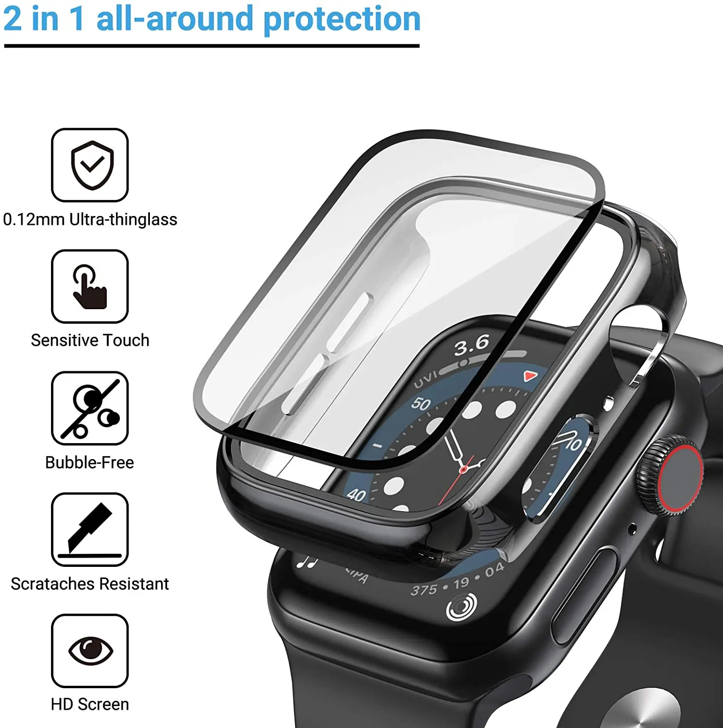 Glass+cover For Apple Watch Case 44mm 40mm 45mm 41mm 42mm 38mm Accessories Plated Screen Protector iWatch series 9 8 6 5 3 se 7