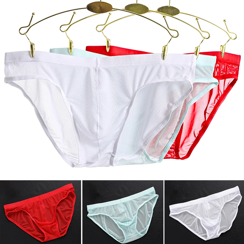 Men Briefs Sexy Tulle Netting Transparent Briefs Breathable Underpants Male Solid Color Elastic Soft Underwear