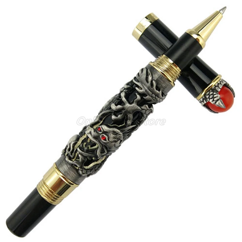 Jinhao Brilliant Metal Ancient Gray Dragon King Pearl Carving Embossing Roller Ball Pen Professional Office Stationery Writing