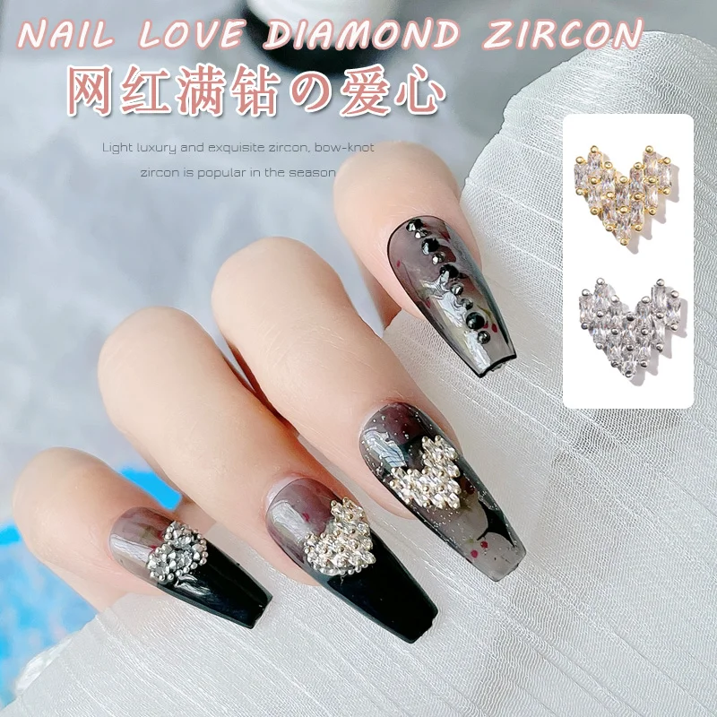 2 Stuks 3d Metalen Zirkoon Nail Art Hartvormige Sieraden Nageldecoraties Topkwaliteit Kristal Manicure Zirkoon Diamant Bedels