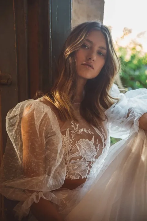 Vestidos de novia de dos piezas, línea A, apliques de encaje, tren de barrido, manga larga, vestido de novia de campo, bohemios A medida, Abiti da spo