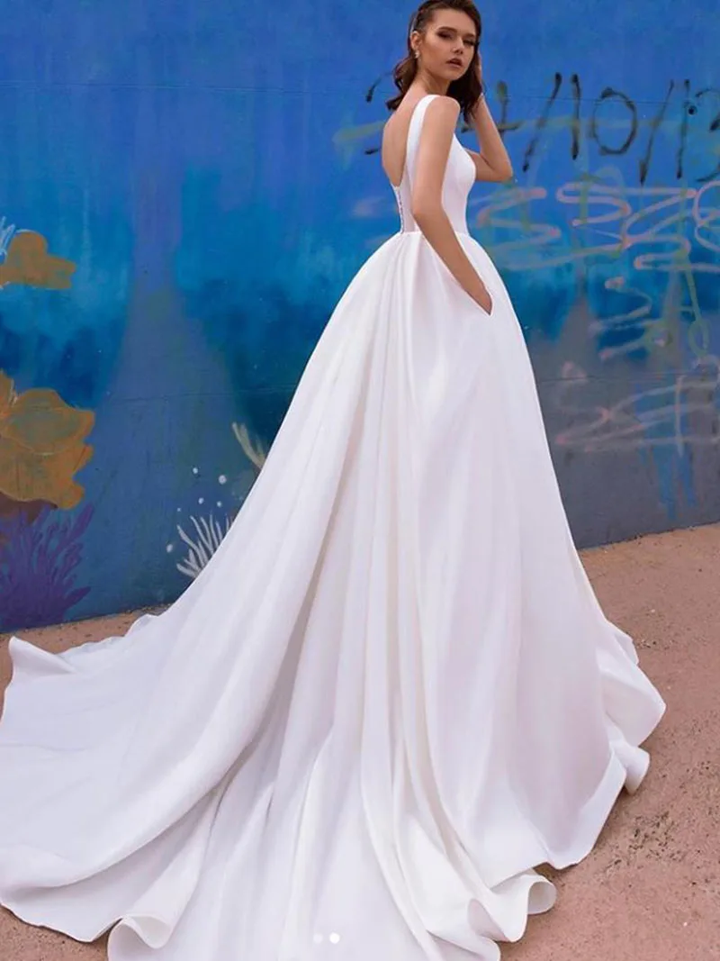 Robe de mariée longue en Satin avec poches, épaules dénudées, dos nu, style Boho, Vintage, grande taille