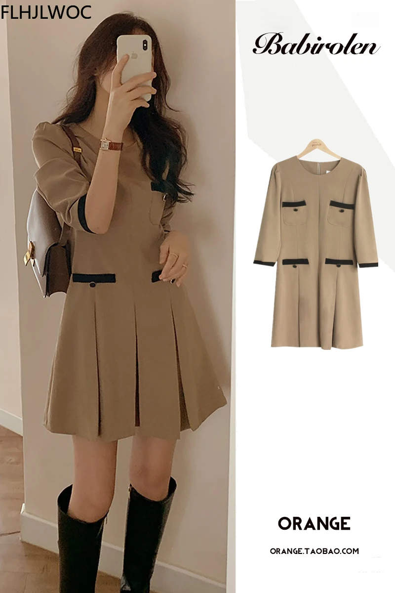 Retro Vintage French Fashion Style Hot Sales Feminine Vestidos Women Cute Sweet Girls Office Lady Solid Khaki Elegant Mini Dress