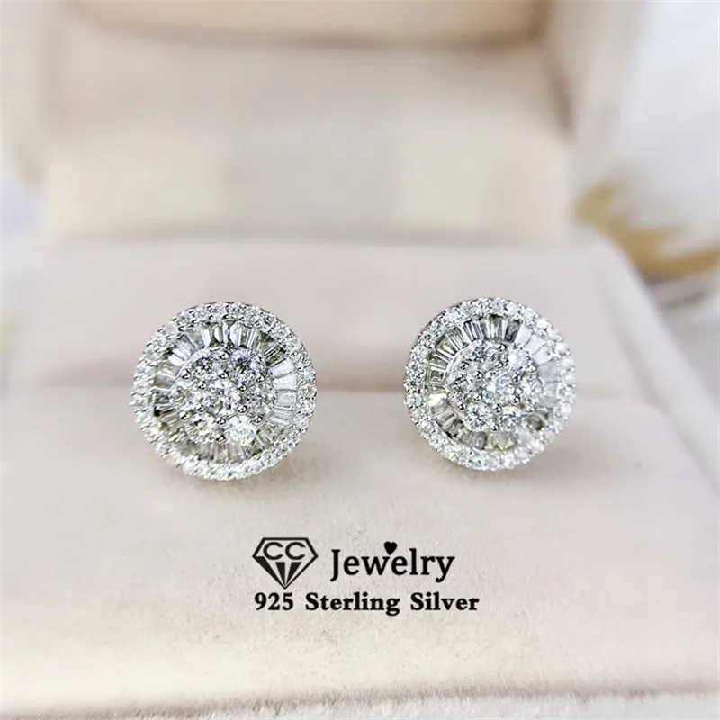 Stud Earrings For Women 925 Silver Needle Cubic Zirconia Round Ladder Side Ear Studs Simple Bridal Wedding Jewelry CCE727