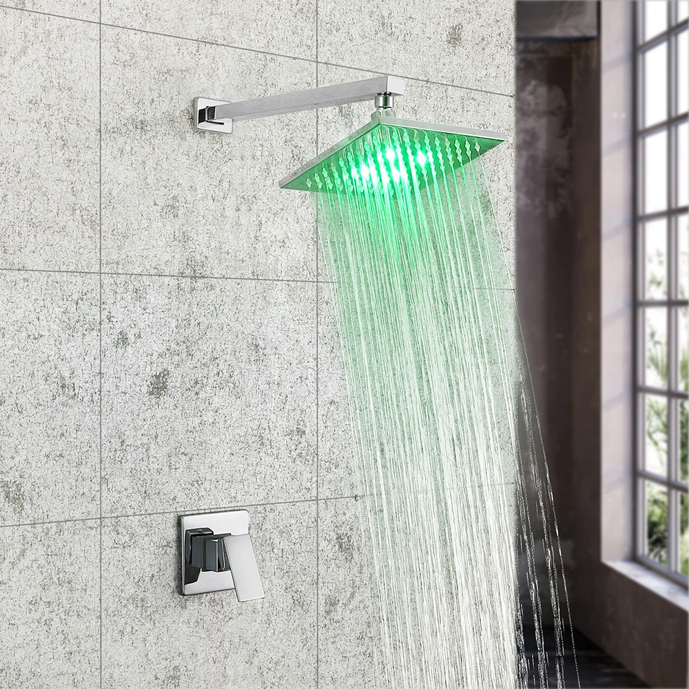 

SKOWLL Shower Faucet Wall Mount Bathroom 3 Color Changing LED Rain Shower Head Combo, Polished Chrome HG-8411