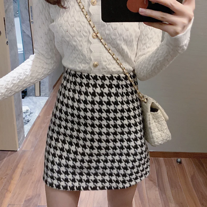 Fashion Women\'s skirt Woolen Plaid High Waist Slim Buttocks Short Mini Woman skirts Black Beige 1080