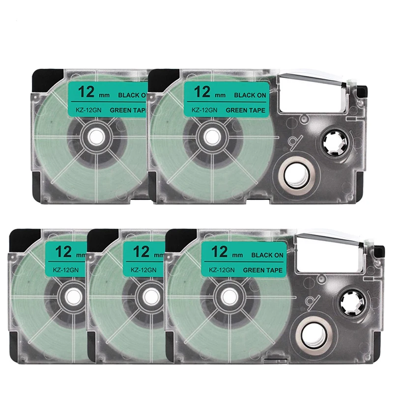 5Pcs XR-12GN label tape compatible Casio label printer 12mm XR 12GN Black on green ribbon cartidge for EZ Printer KL-120 KL-60