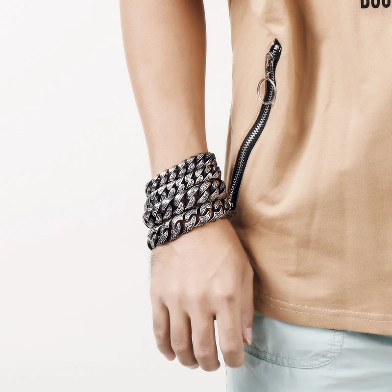 15/18/20mm Punk Rock Retro Black Curb Cuban Chain Bracelet Men Women Hiphop Gold Color Stainless Steel Bike Biker Bangle Jewelry