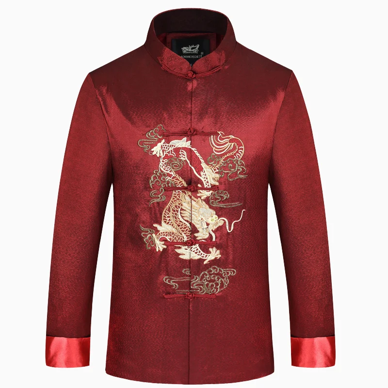 2019 New Male Satin Outwear Chinese Style Embroidery Dragon Jacket Men Double Breasted Kung Fu Coat Big code M L XL XXL XXXL