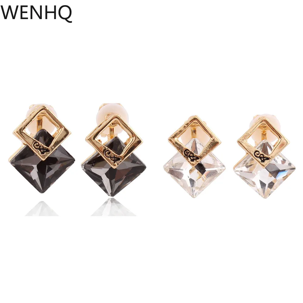 

WENHQ Gold Color Clip on Earrings for Women Elegant Fashion Big Crystal Without Pierced Earrings Korean Style Ear Clip 2020 New