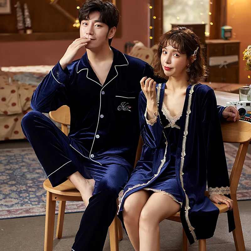 Autumn Winter Velvet Couple Lovers Pajamas Women Velour Robe Sets Sexy Nightwear Sleepwear Men Long Sleeve Pyjamas