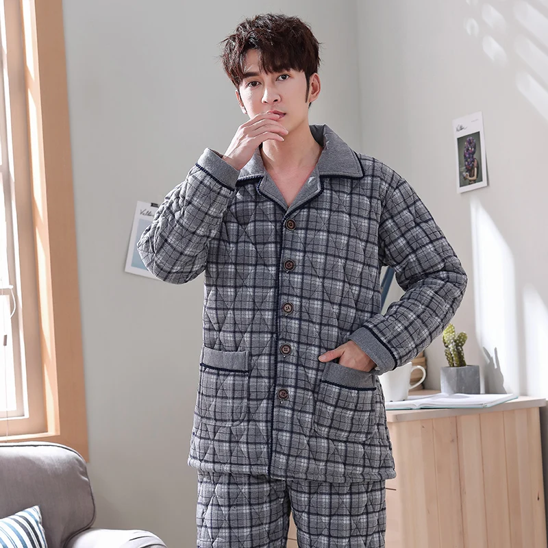 New Knit Cotton Padded Men Thick Big Yards L-3XL Winter Pajamas Set Homme Peignoir Pyjamas Warm Quilted Gray Plaid Pajamas Mens