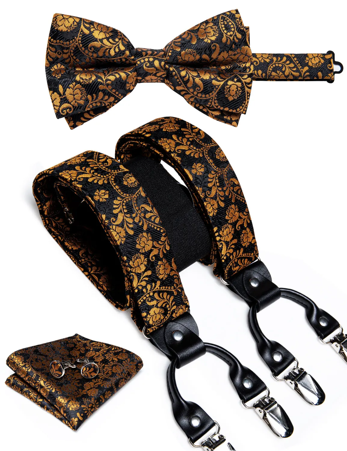 Luxury Gold Floral Mens Suspender Wedding Party Accessories Leather 6 Clips Braces Elastic Y-back Suspenders Bow Tie Set DiBanGu