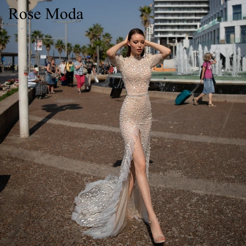 

Rose Moda Luxury Short Sleeves Beaded Lace Wedding Dress with High Slit Custom Make