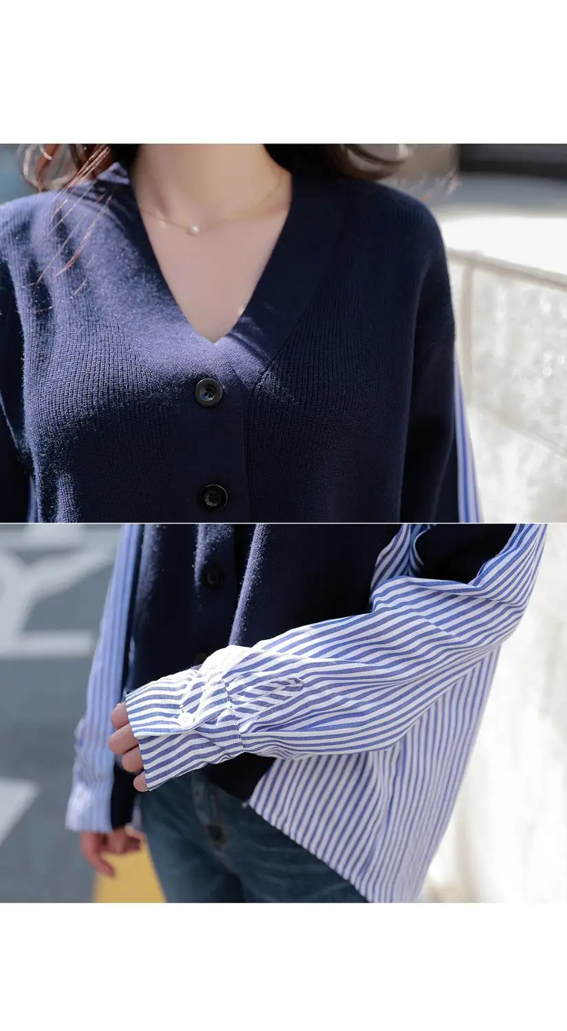 2020 Autumn New Striped Fake two-piece Stitching Fake Two Piece Women Knit Outwear Loose Shirt Batwing Sleeve Sweater