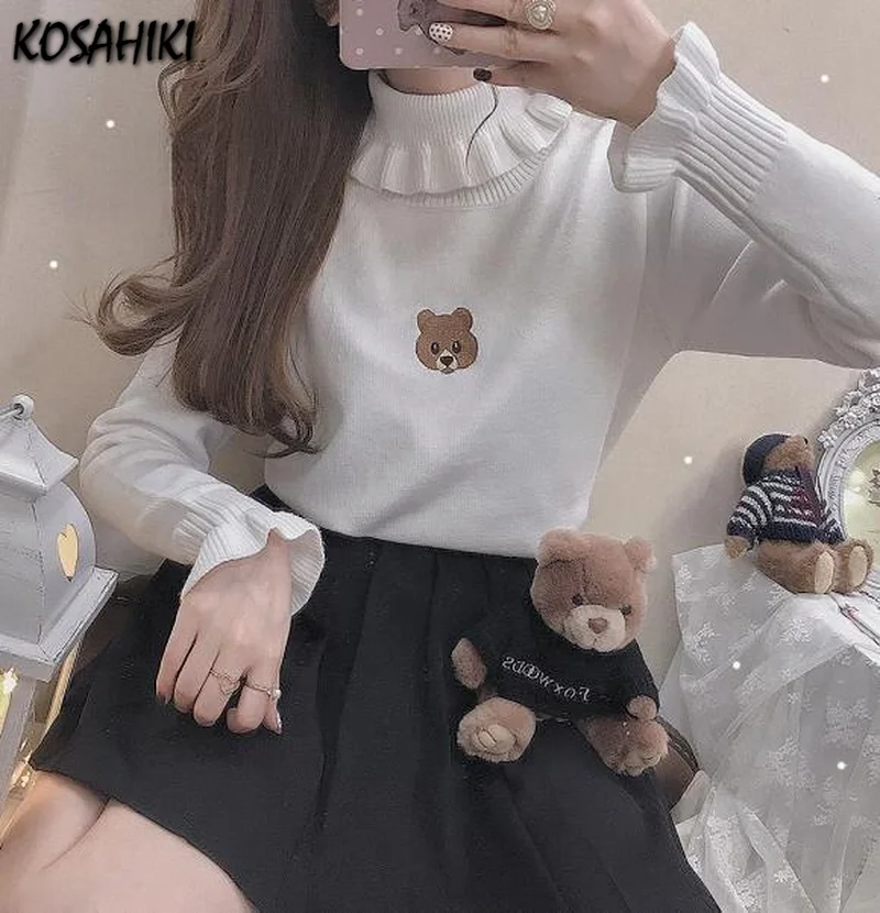 KOSAHIKI New Autumn Bear Embroidery Sweaters Fashion Cute Ruffle Turtleneck Pullovers Women Bastic Kintting Jumper Japan Style