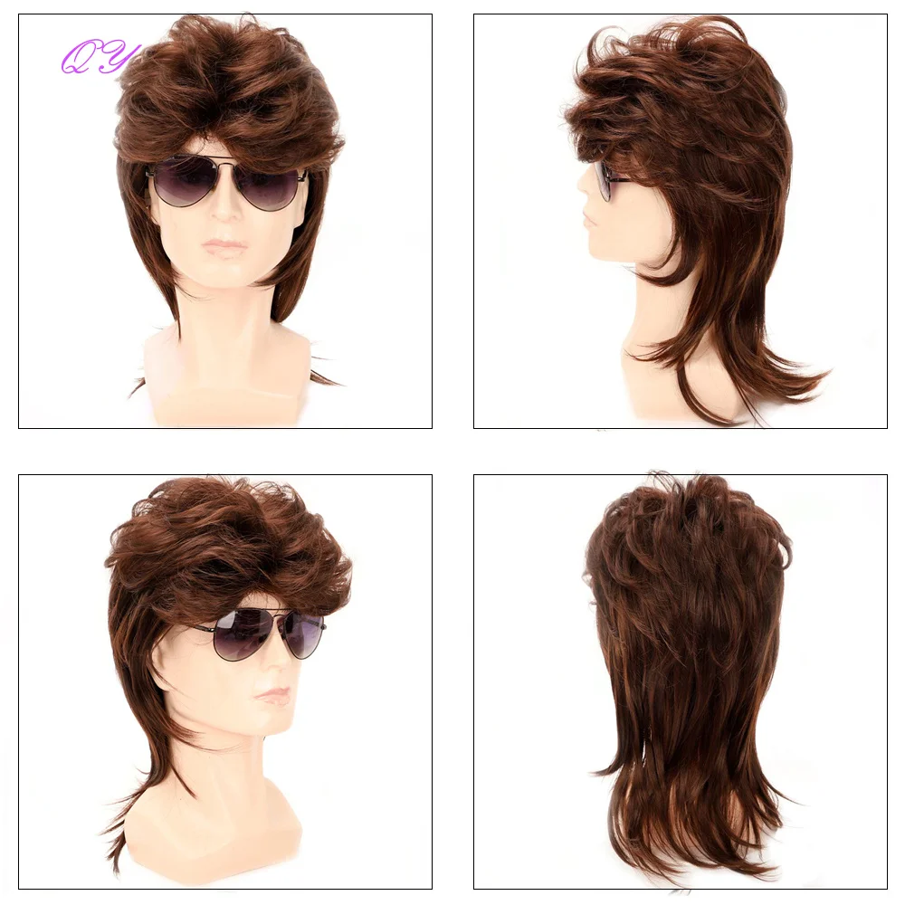 Synthetic Men Wig  Brown Curly  With Bangs Wigs Medium Length Cosplay Or Party Natural Fashion Male Hair