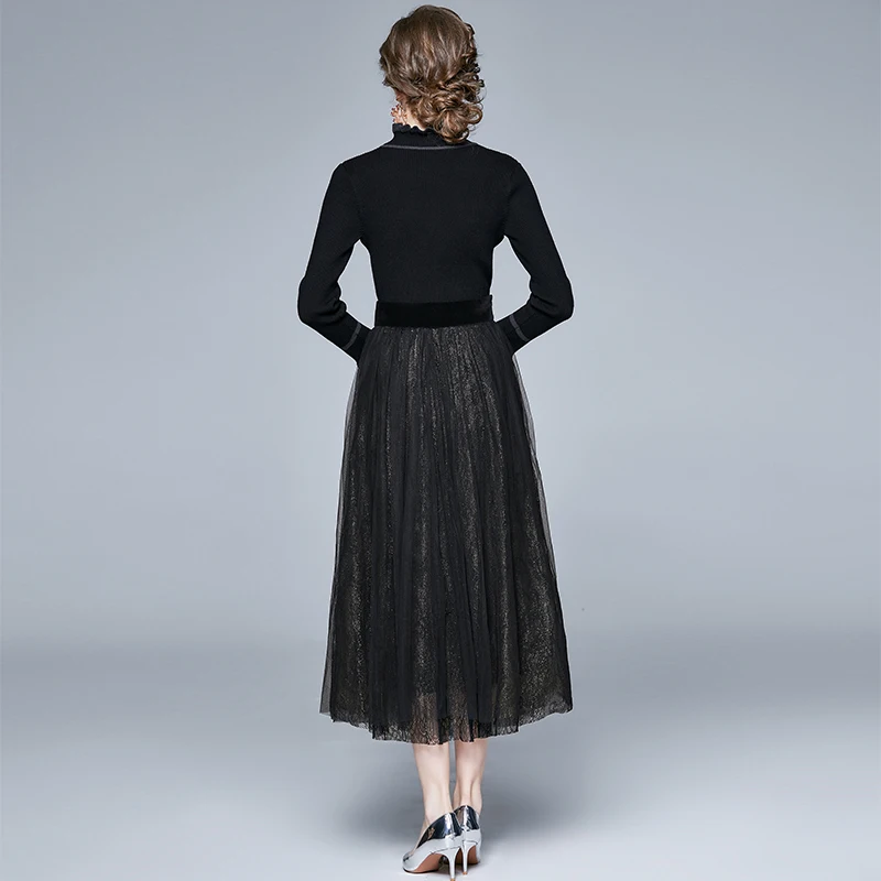 2021 New Fashion Women set Spring Autumn Sweater Knitted top and Vintage Black Long mesh skirt Two piece set High quality Sets