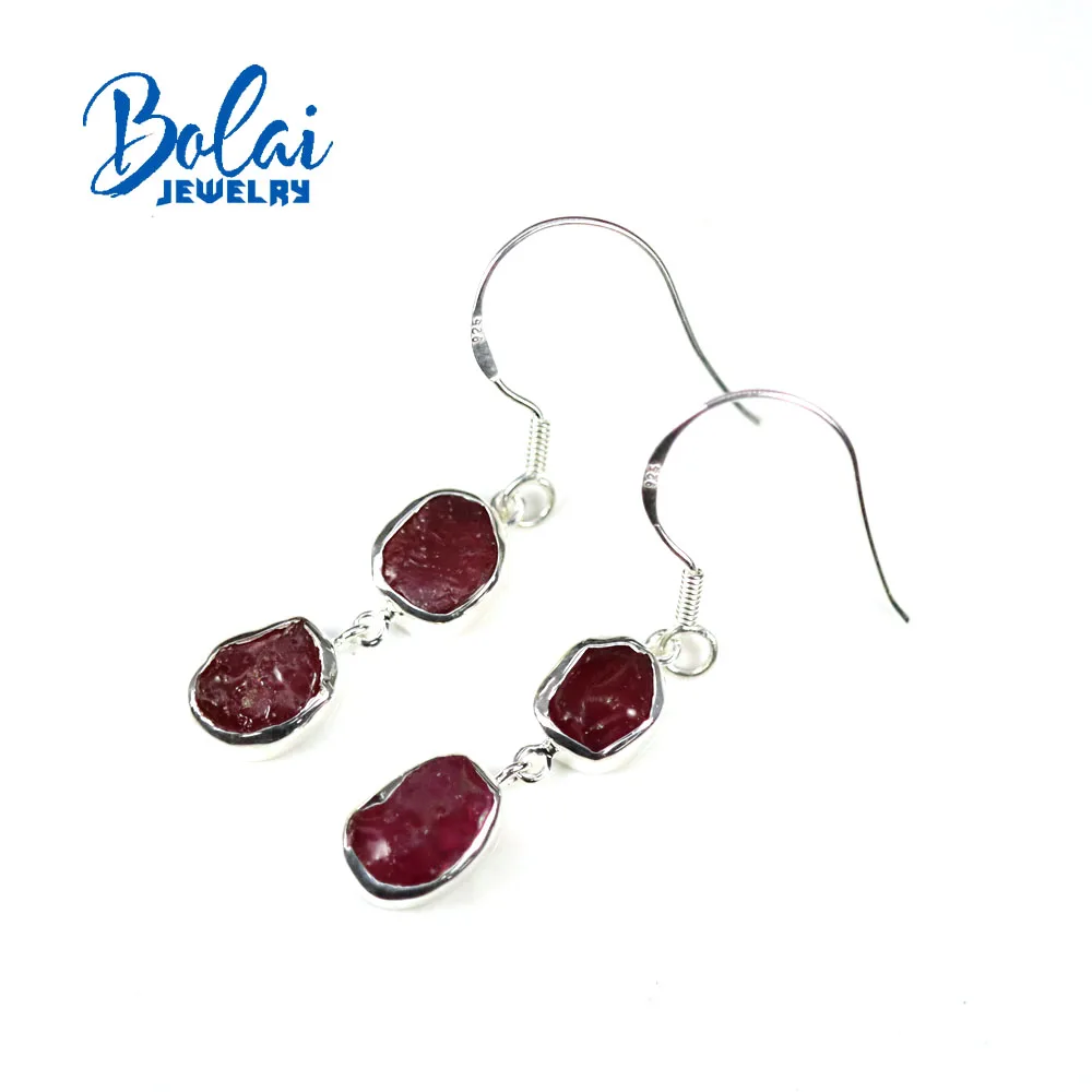 

Bolaijewelry,natural ruby rough earrings, 925 sterling silver handmade simple design fashion ladies jewelry