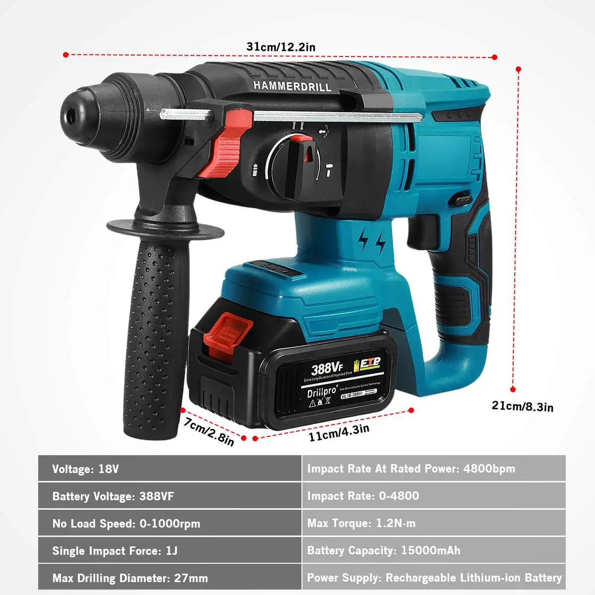 Drillpro 26MM Brushless Electric Hammer Impact Drill Multi-function Rotary Electric Pick for Makita 18V Battery Power Tool