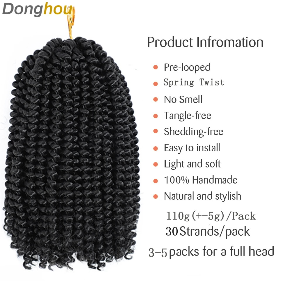 Donghou Tight 8 Inches Synthetic Spring Twist Braiding Hair For Women High Temperature Easy Installed Soft Naturel Crochet Hair