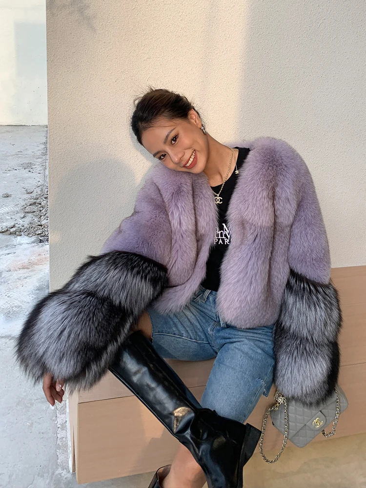 Natural Fox Fur Jacket Winter Women New Light Purple Genuine Fox Fur Coats V-Neck with Silver Fox Fur Sleeve Cuffs Outwear