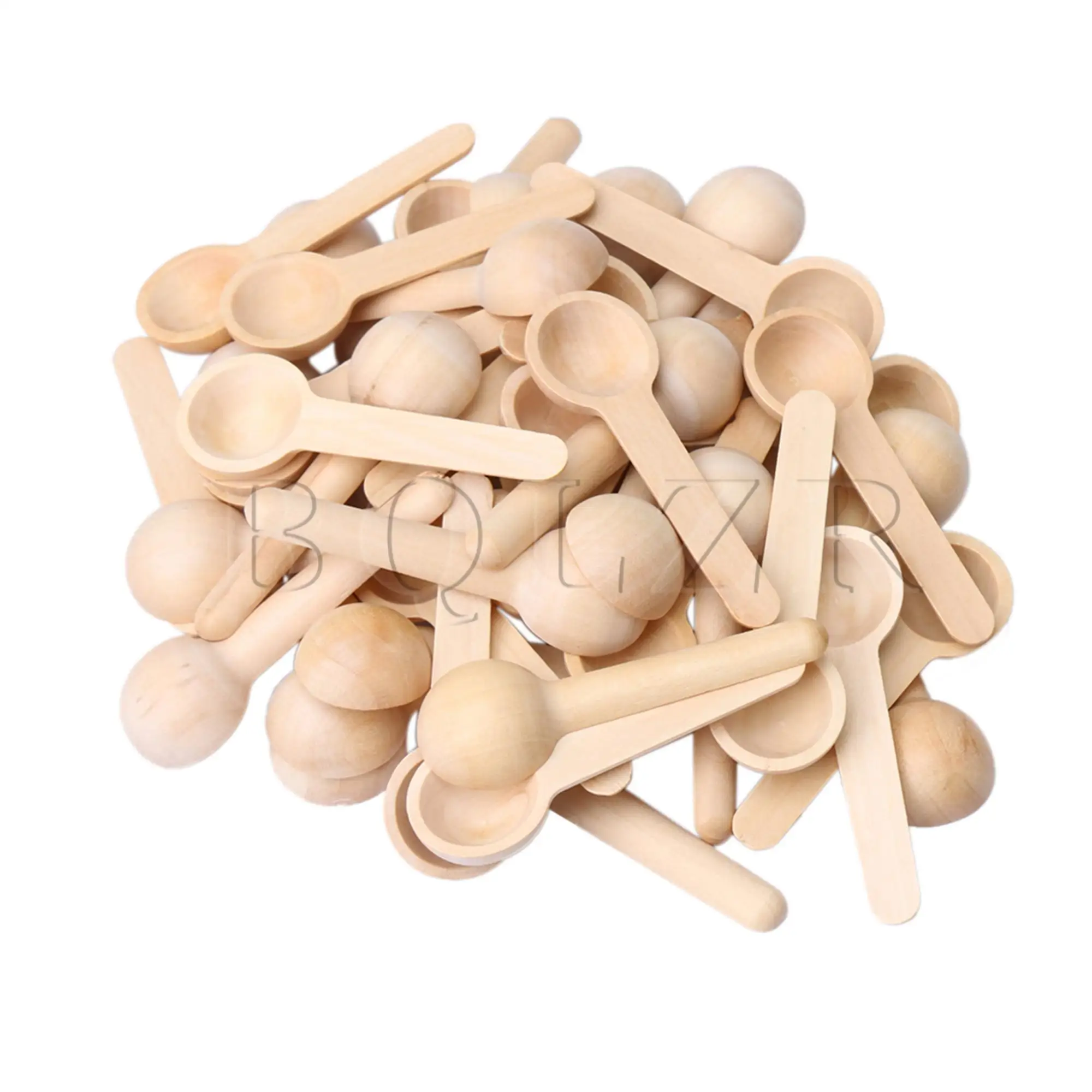 

BQLZR 50pcs 7.5x2.4x1.3cm Small Round Wooden Kitchen Spoons for Salt Seasoning Honey Coffee