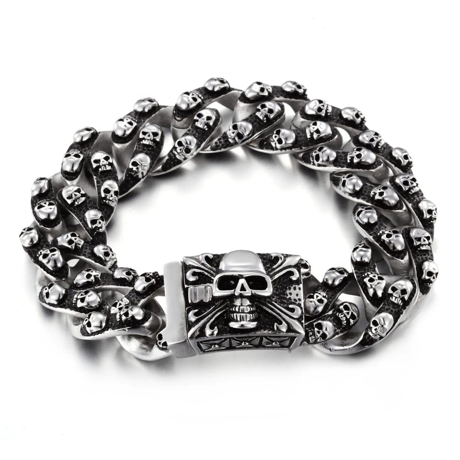 20mm Fashion Male Skeleton Chain Bracelet Stainless Steel Retro Cross Vintage Black All Skull Chain Bracelets Jewelry