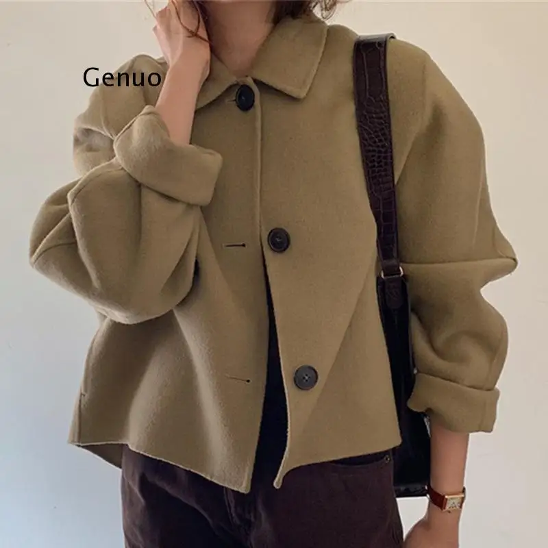 Wool & Blends Korean Chic Vintage Lapel Loose Khaki Long-Sleeved Woolen Coat Women Short Jacket Overcoat Outwear