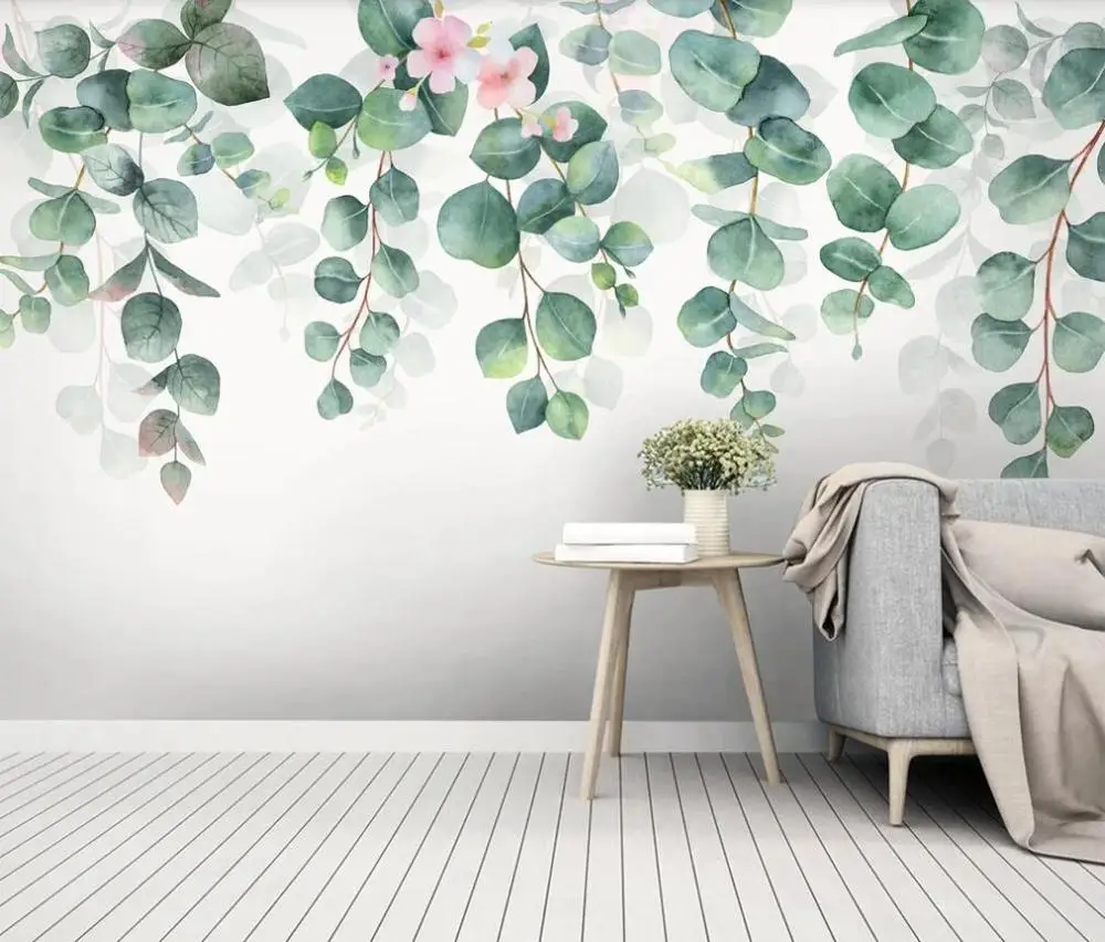 

XUE SU Customized large murals / wallpapers / small fresh hand-painted watercolor green leaves simple TV background wall