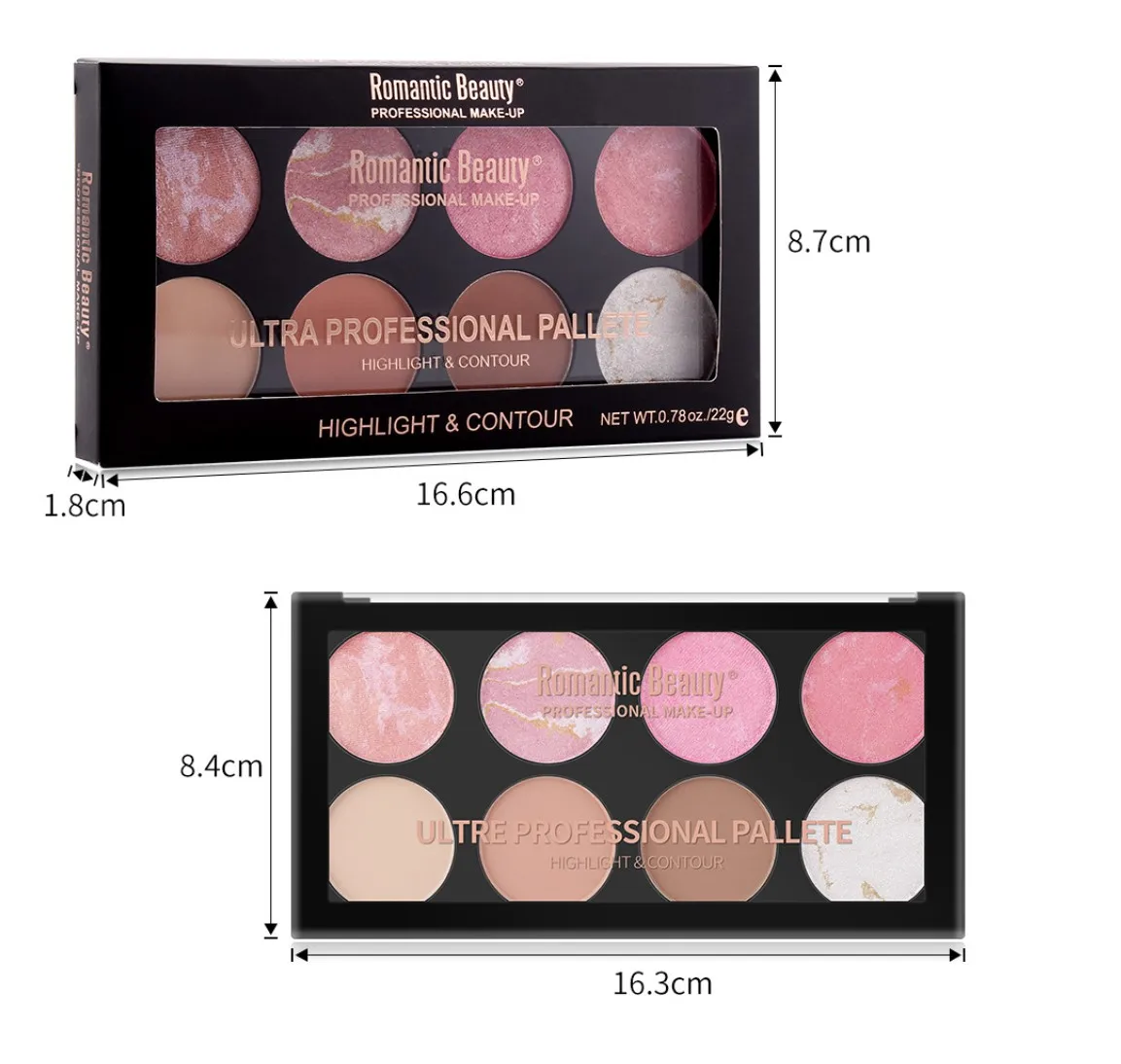 Paleta de belleza romántica 6 en 1, resaltador facial, colorete, maquillaje, abrillantador facial, paleta de polvo, bronceador dorado