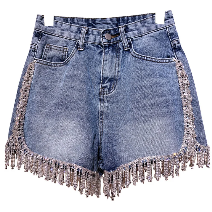 Rhinestone Tassel denim shorts women high waist wide leg jeans shorts