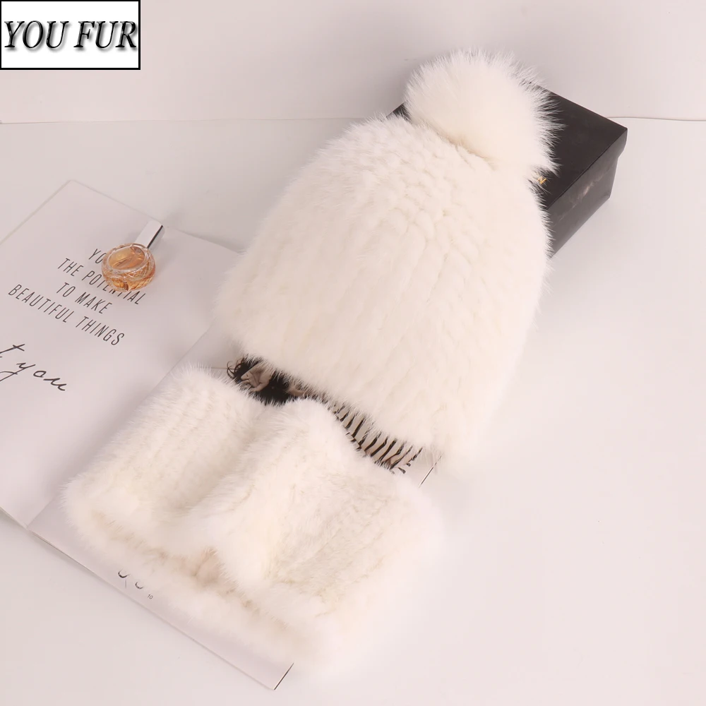 

Natural Warm Mink Fur Hat Scarf Sets Women Winter Knit Real Mink Fur Hats Scarves 2 Pieces Quality 100% Genuine Fur Cap Muffler