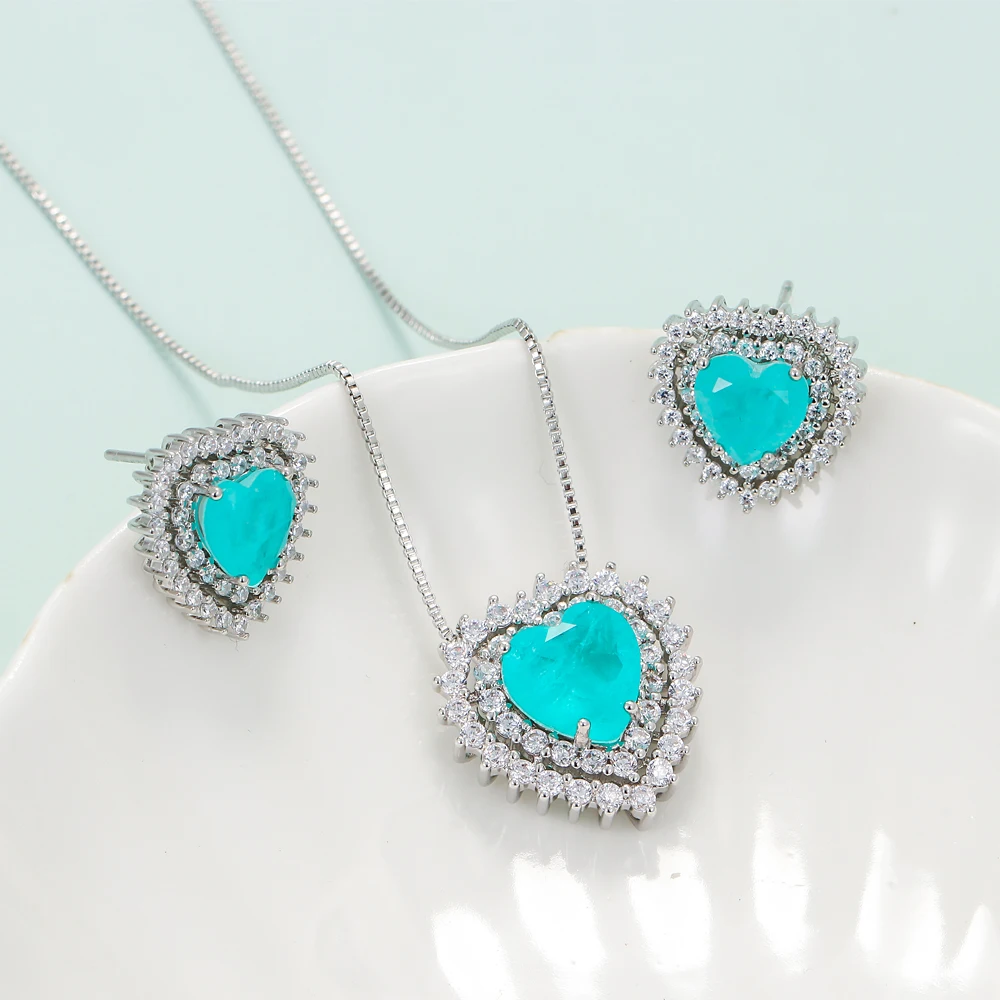 EYIKA Romantic Heart Paraiba Tourmaline Zircon Necklace Earrings Jewelry Set For Women Luxury Wedding Engagement Valentine\'s Day