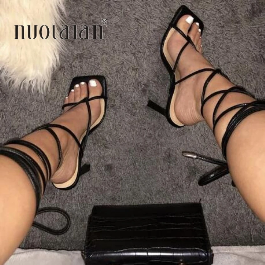 Sexy 9CM heel women pumps ankle cross strap sandals shoes woman ladies square toe high heels dress party shoes