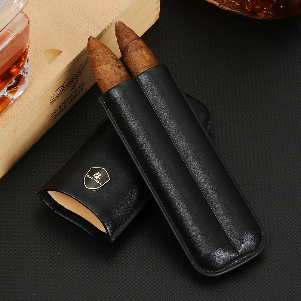 GALINER Leather Cigar Case Travel Humidor 2 Tube Holder Cigar Storage Tool Portable Cigar Accessories