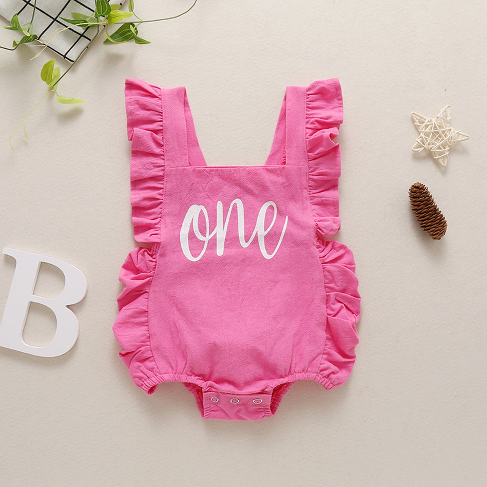 Lovely Baby Letter One Birthday Bodysuit, Sleeveless Falbala Edge Jumpsuits Elastic Leg Opening with Letters for Summer