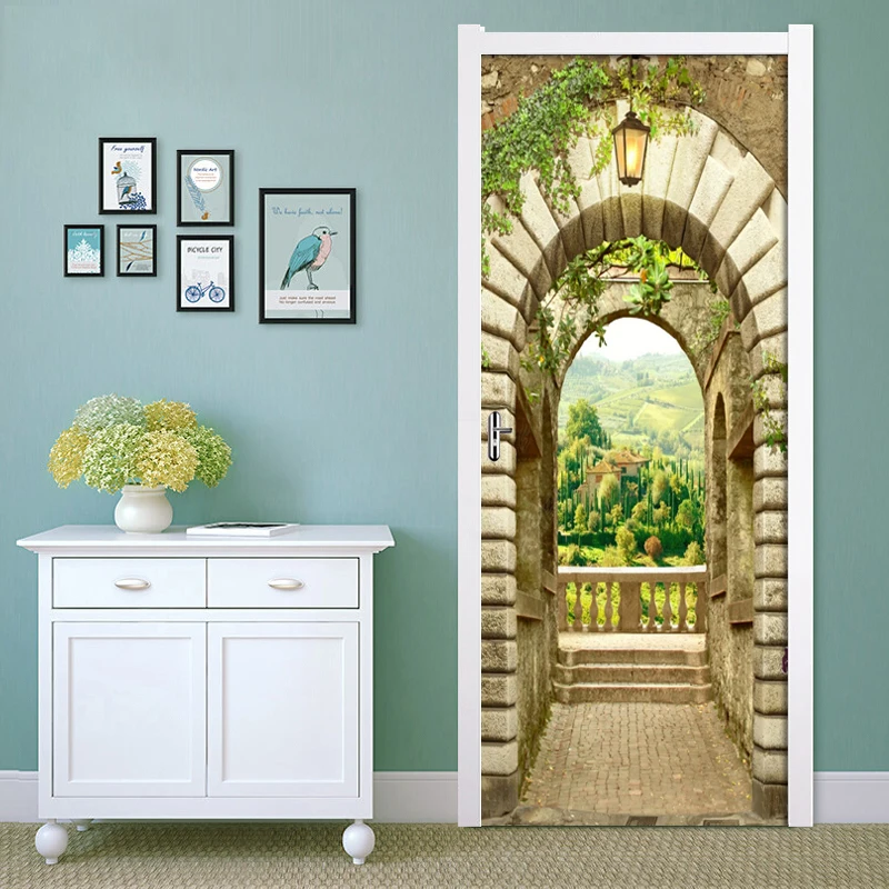 

Stone Arch Town Scenery 3D Door Sticker Mural Living Room Door PVC Self-adhesive Waterproof 3D Wallpaper Home Door Decals Poster