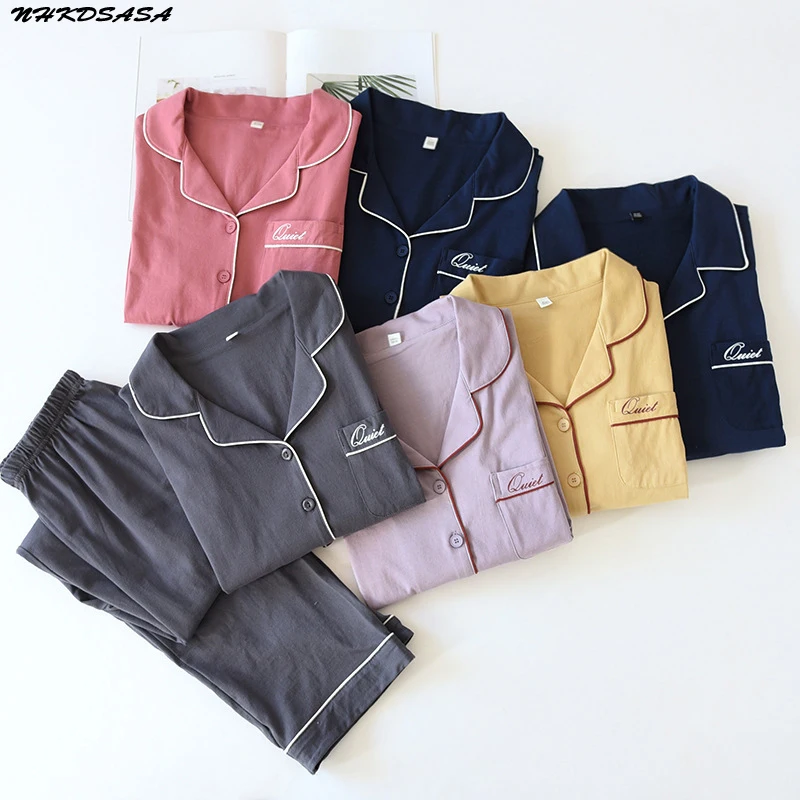 

NHKDSASA Couple's Cotton Pajamas Set Autumn Winter Long Sleeve Trousers Multi Colors Pajamas For Women And Men Homewear Suit